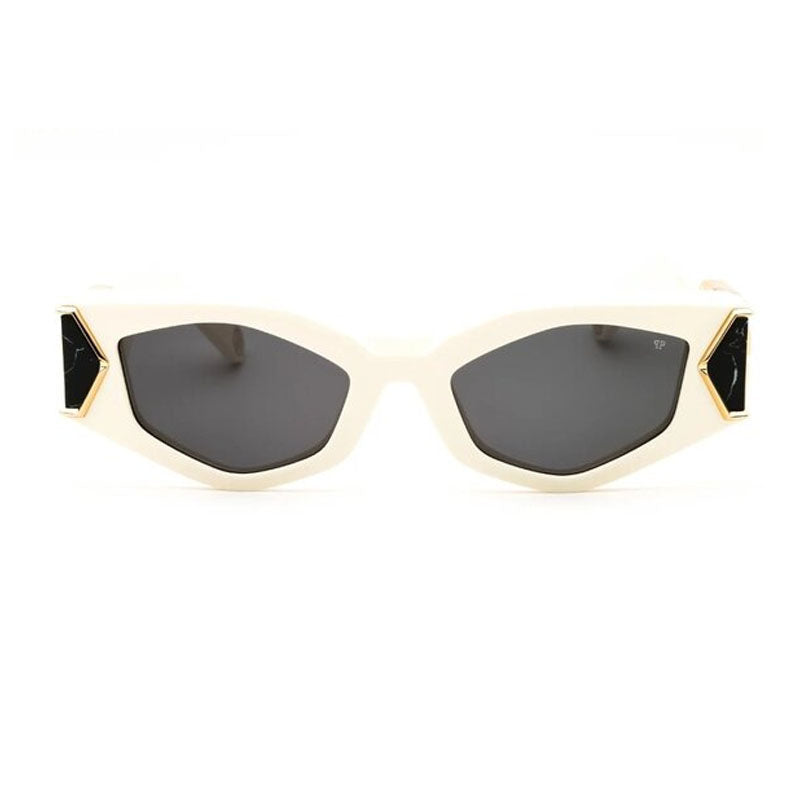 Philipp Plein Sunglasses Geometric Full Rim, Shiny Beige Frame and Dark Grey Lens SPP136M5206K6
