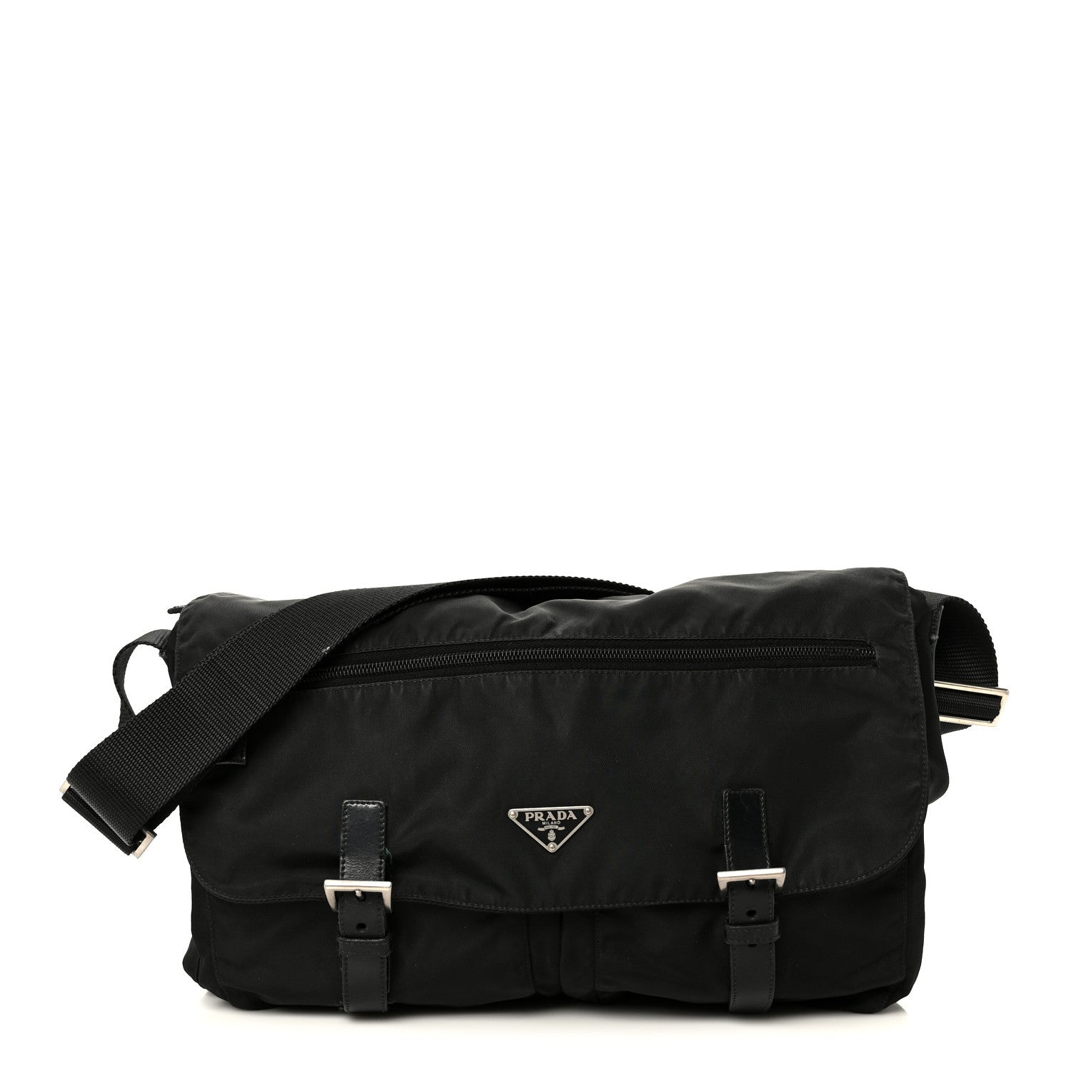 Tessuto Nylon Saffiano Double Buckle Messenger Shoulder Bag Black