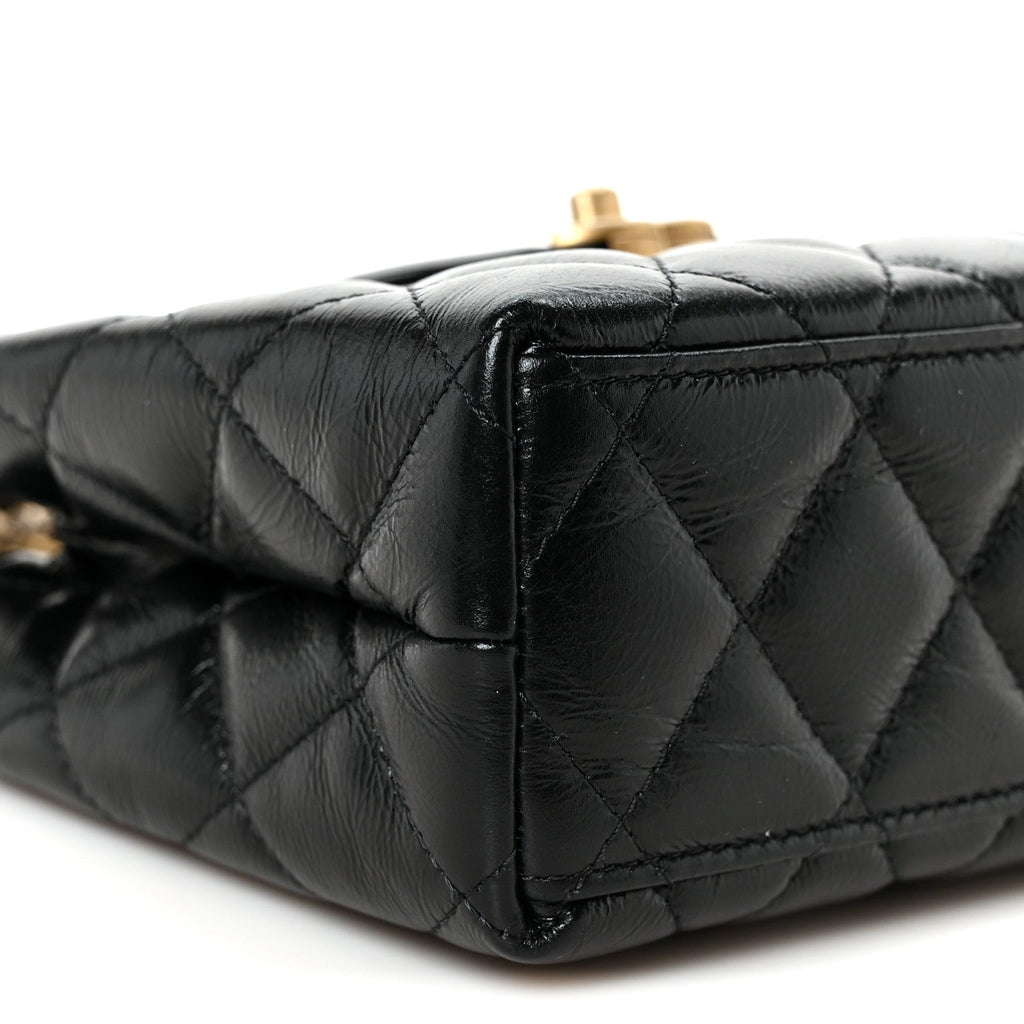 Shiny Aged Calfskin Quilted Nano Kelly Shopper Black