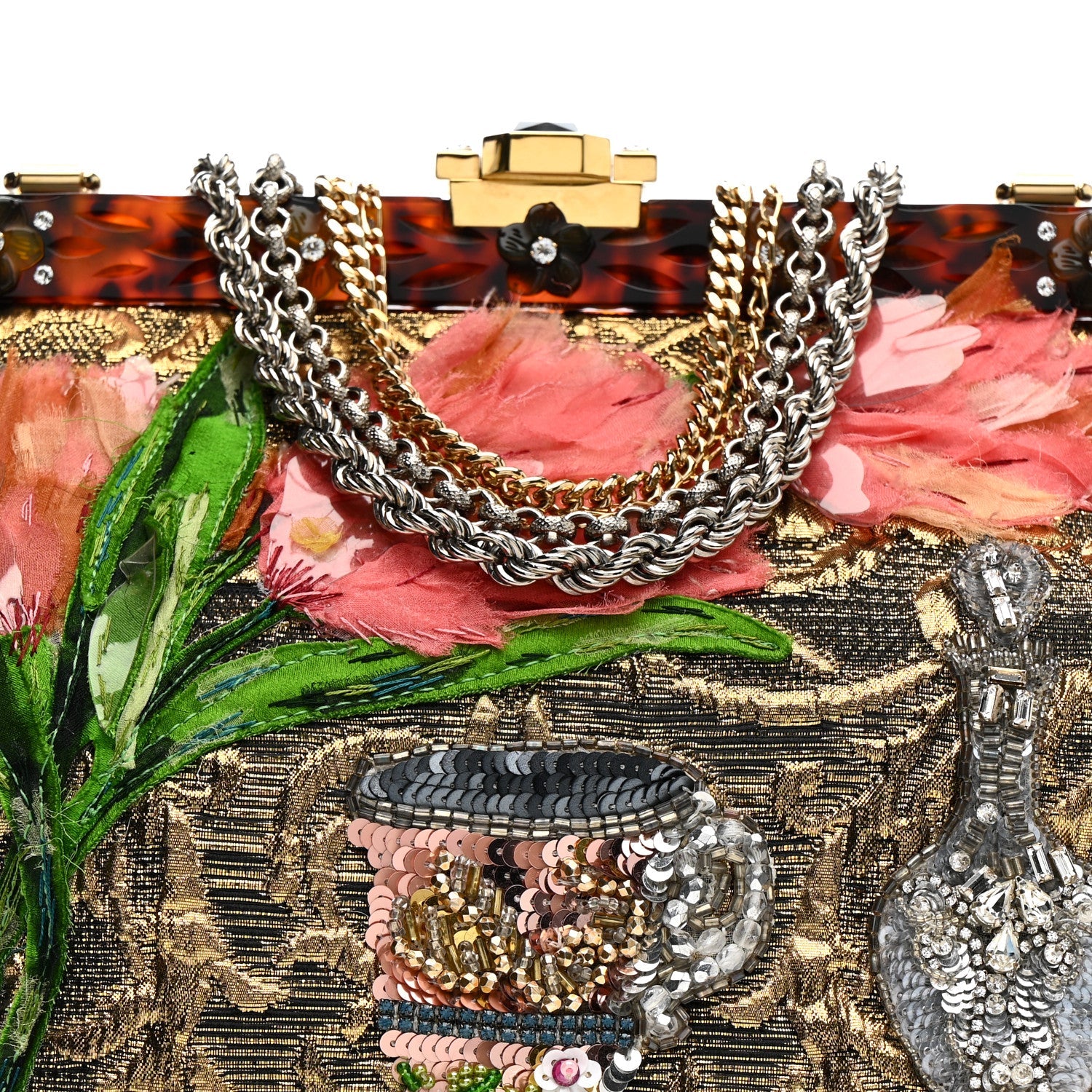 Silk Crystal Beaded Sequin Plexiglass Floral Vanda Circles Chain Clutch Multicolor