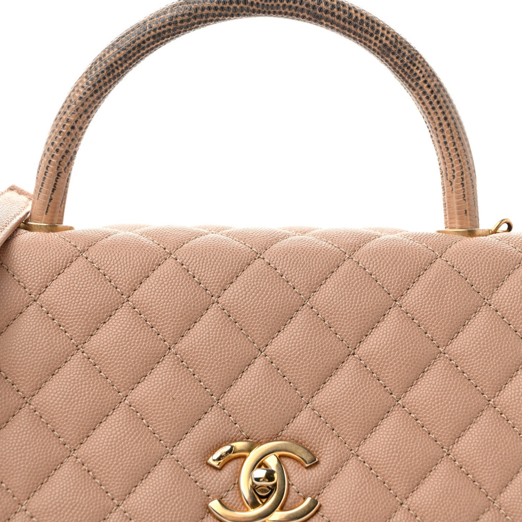 Caviar Lizard Quilted Small Coco Handle Flap Beige