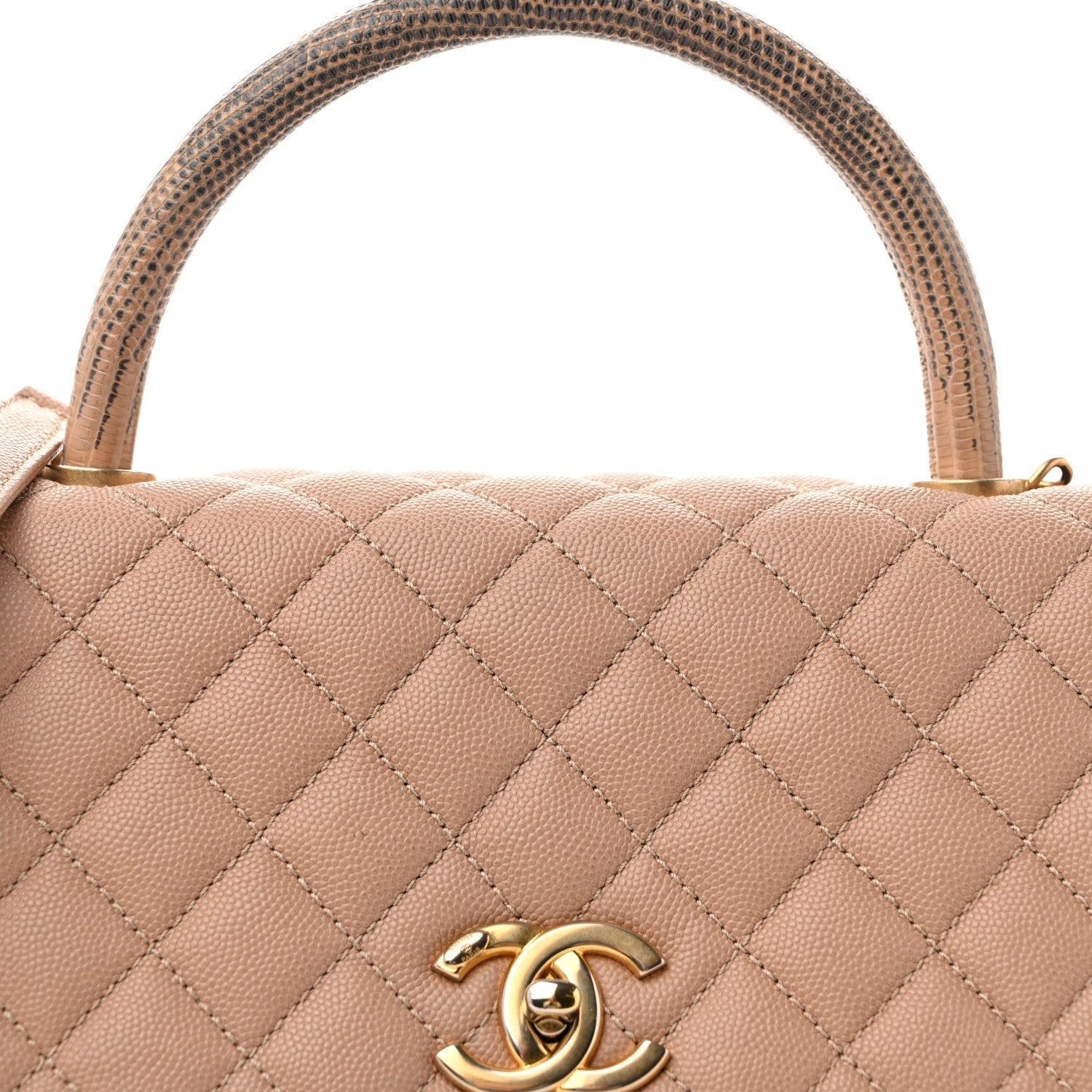 Caviar Lizard Quilted Small Coco Handle Flap Beige