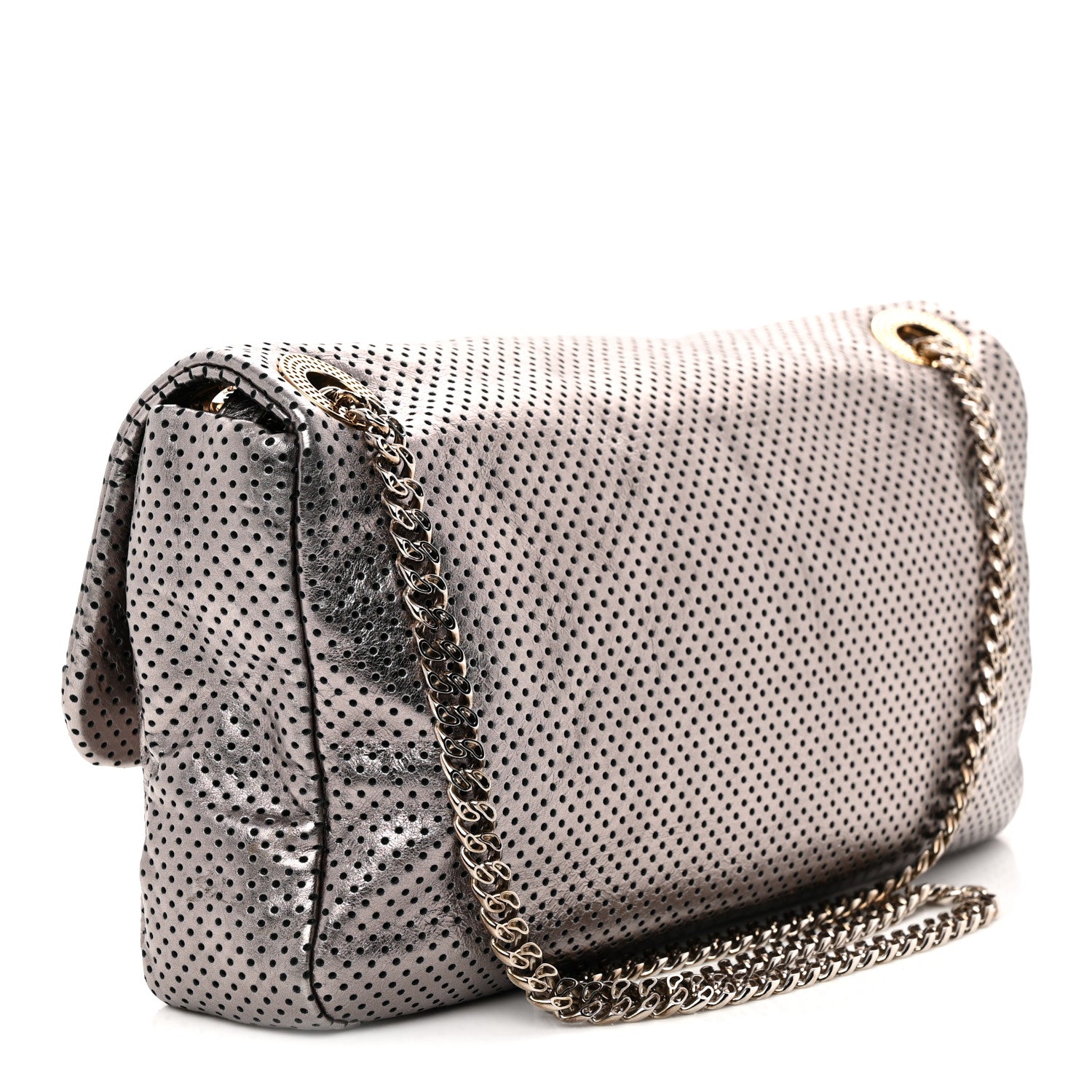 Metallic Crackled Calfskin Perforated Drill Flap Bronze