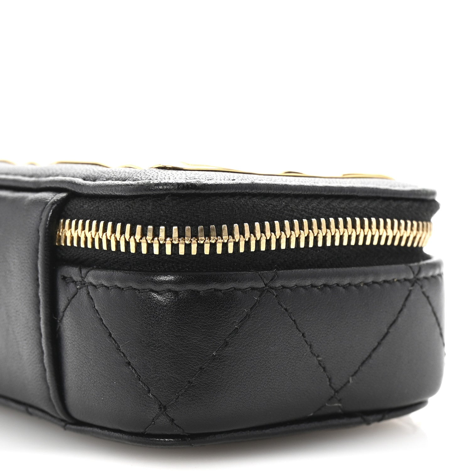 Lambskin Metal Quilted Extra Mini Vanity Case With Chain Black Gold