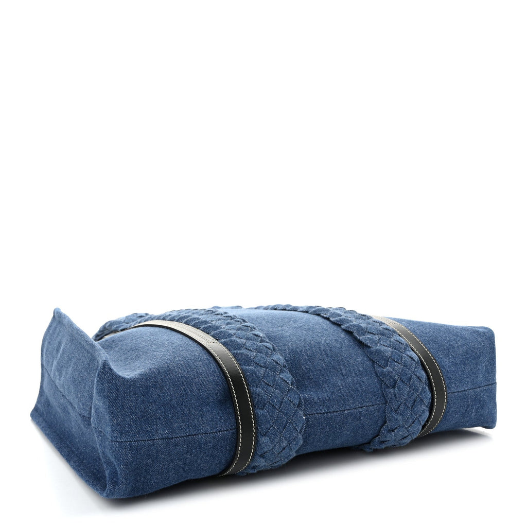 Denim Calfskin Large Braided Woody Ribbon Tote Blue