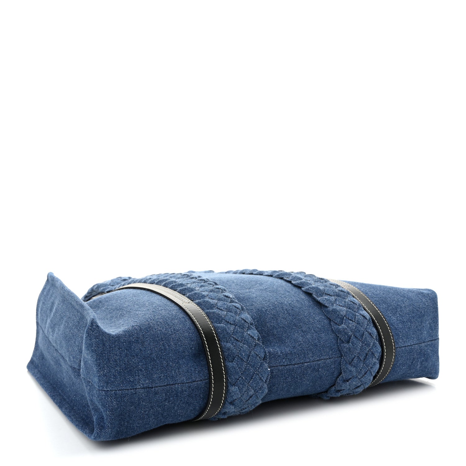 Denim Calfskin Large Braided Woody Ribbon Tote Blue