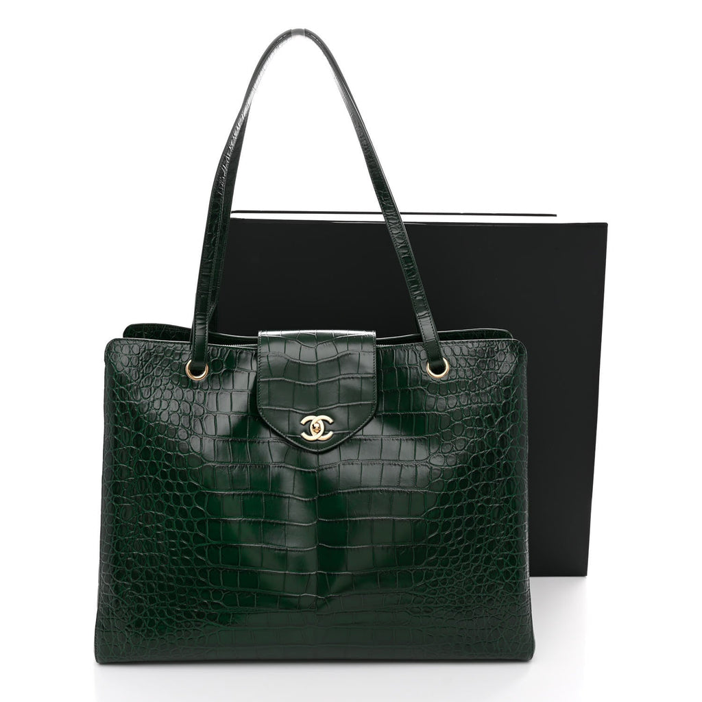 Calfskin Crocodile Embossed Large Shopping Bag Dark Green