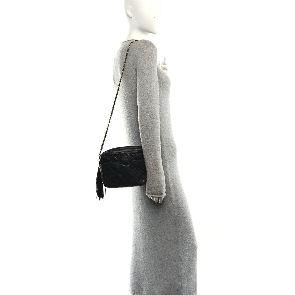 Lambskin Quilted CC Tassel Camera Case Black