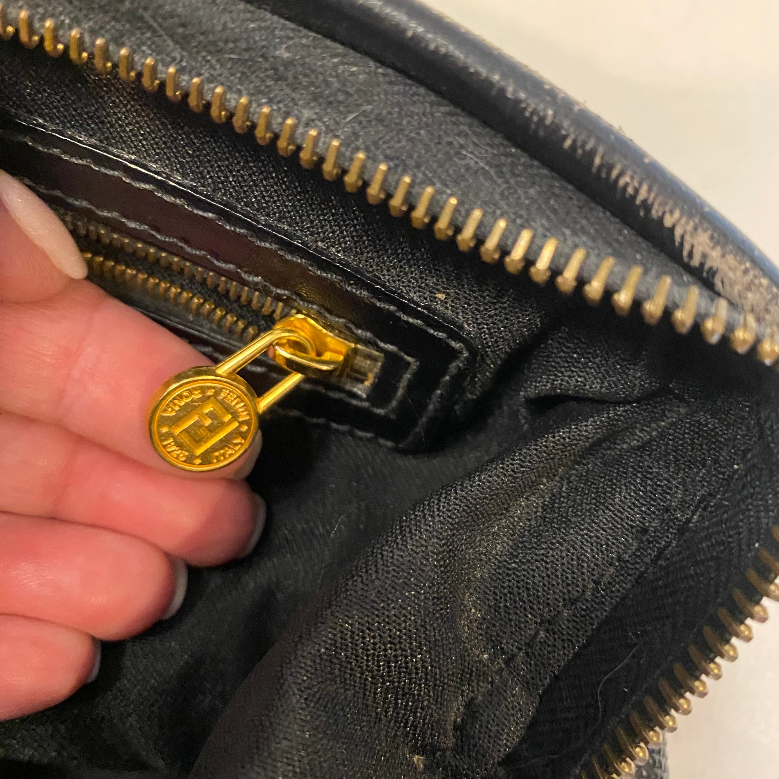 FENDI Vintage Black Striped Canvas Small Boston Handbag