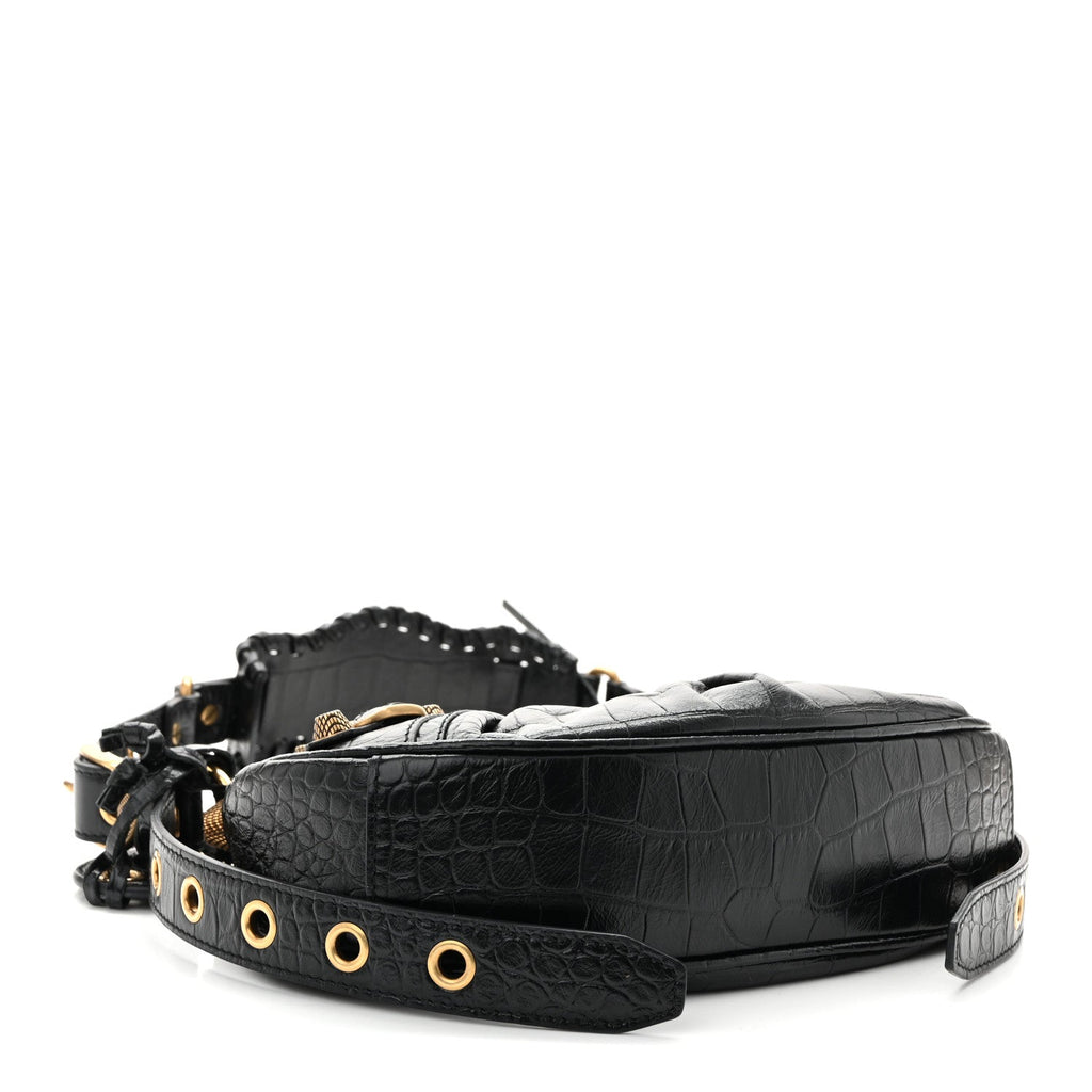 Extra Supple Calfskin Crocodile Embossed Le Cagole Shoulder Bag XS Black