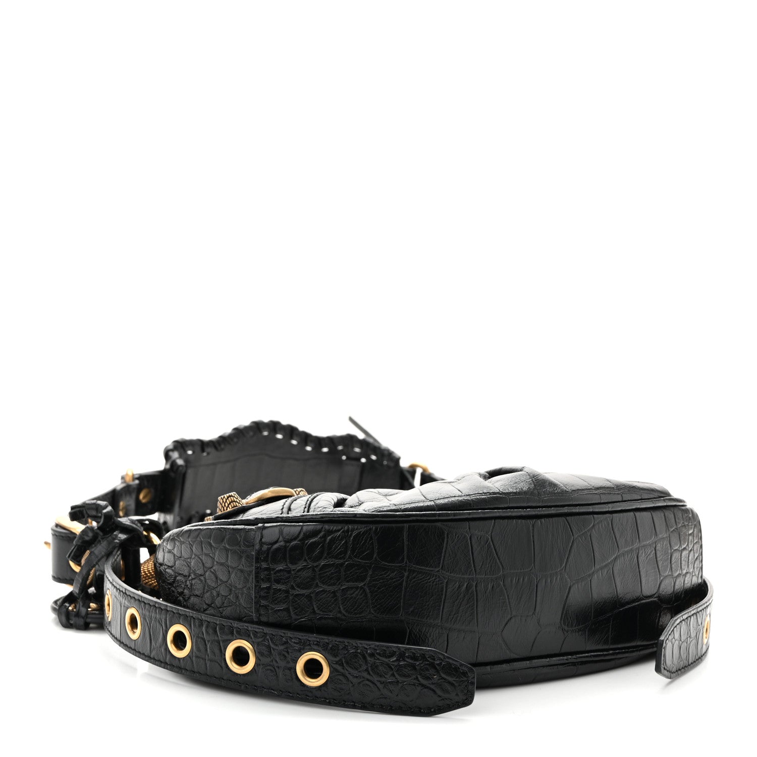Extra Supple Calfskin Crocodile Embossed Le Cagole Shoulder Bag XS Black
