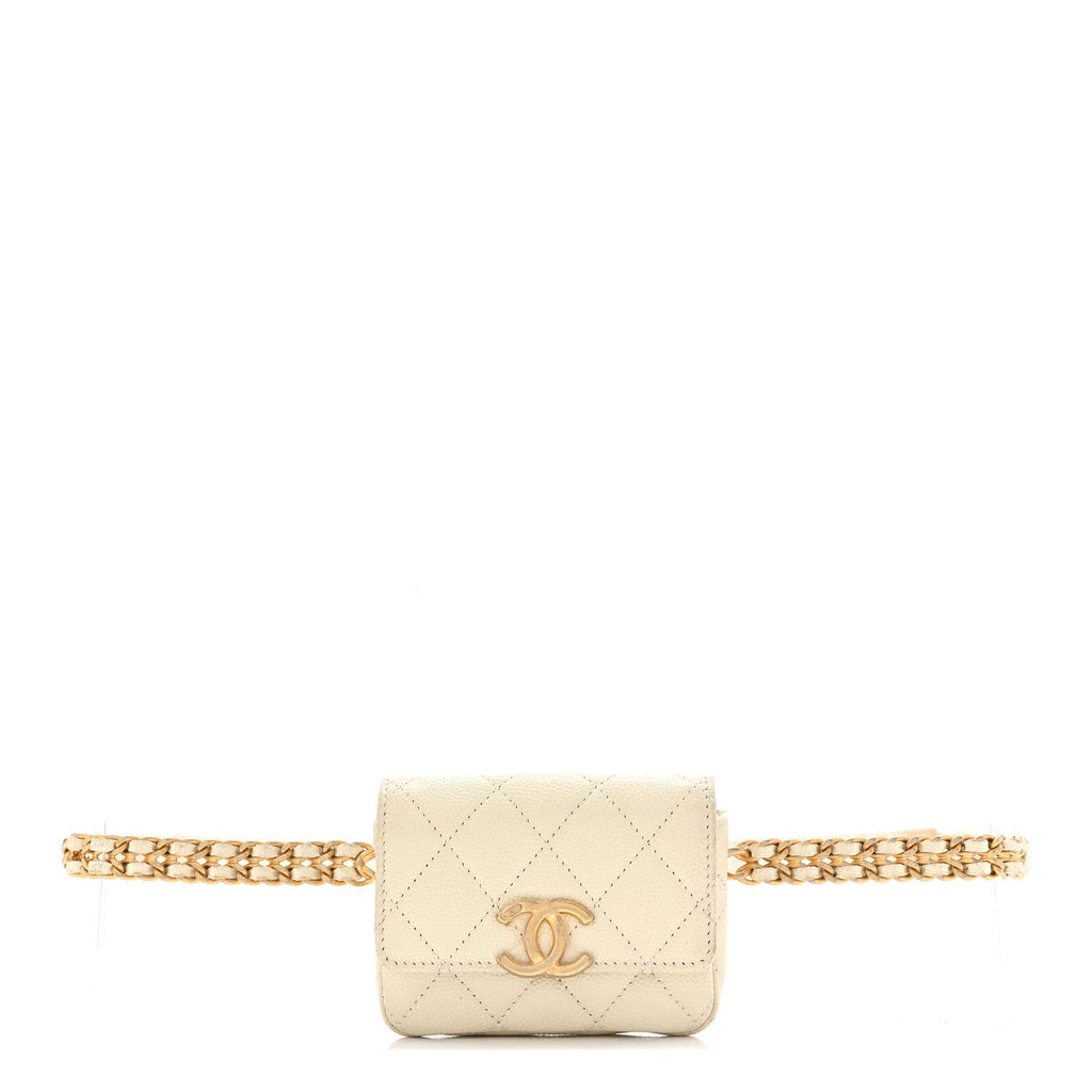 Shiny Caviar Quilted Chain Melody Belt Bag White