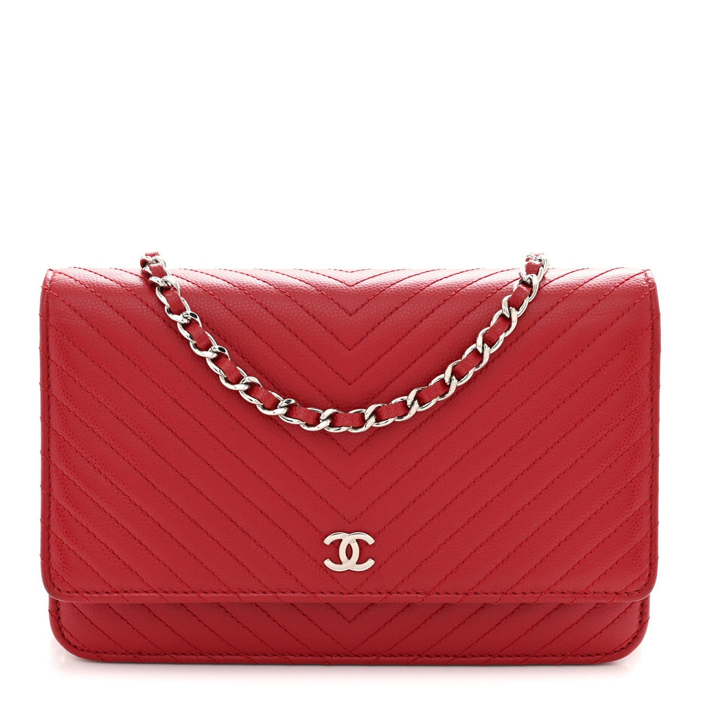 Caviar Chevron Quilted Wallet On Chain WOC Dark Red