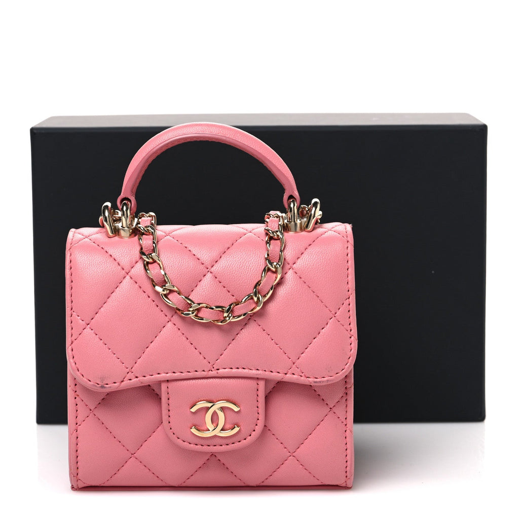 Lambskin Quilted Top Handle Clutch With Chain Pink