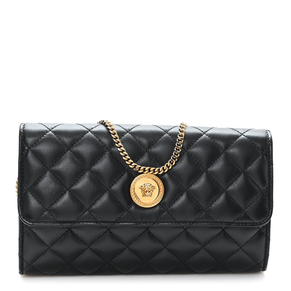 Lambskin Quilted Medusa Wallet On Chain Crossbody Black