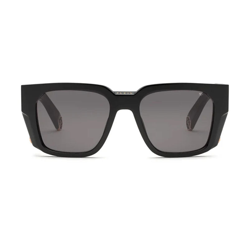 Philipp Plein Sunglasses Square Full Rim, Shiny Black Frame and Dark Grey Lens SPP130M0700