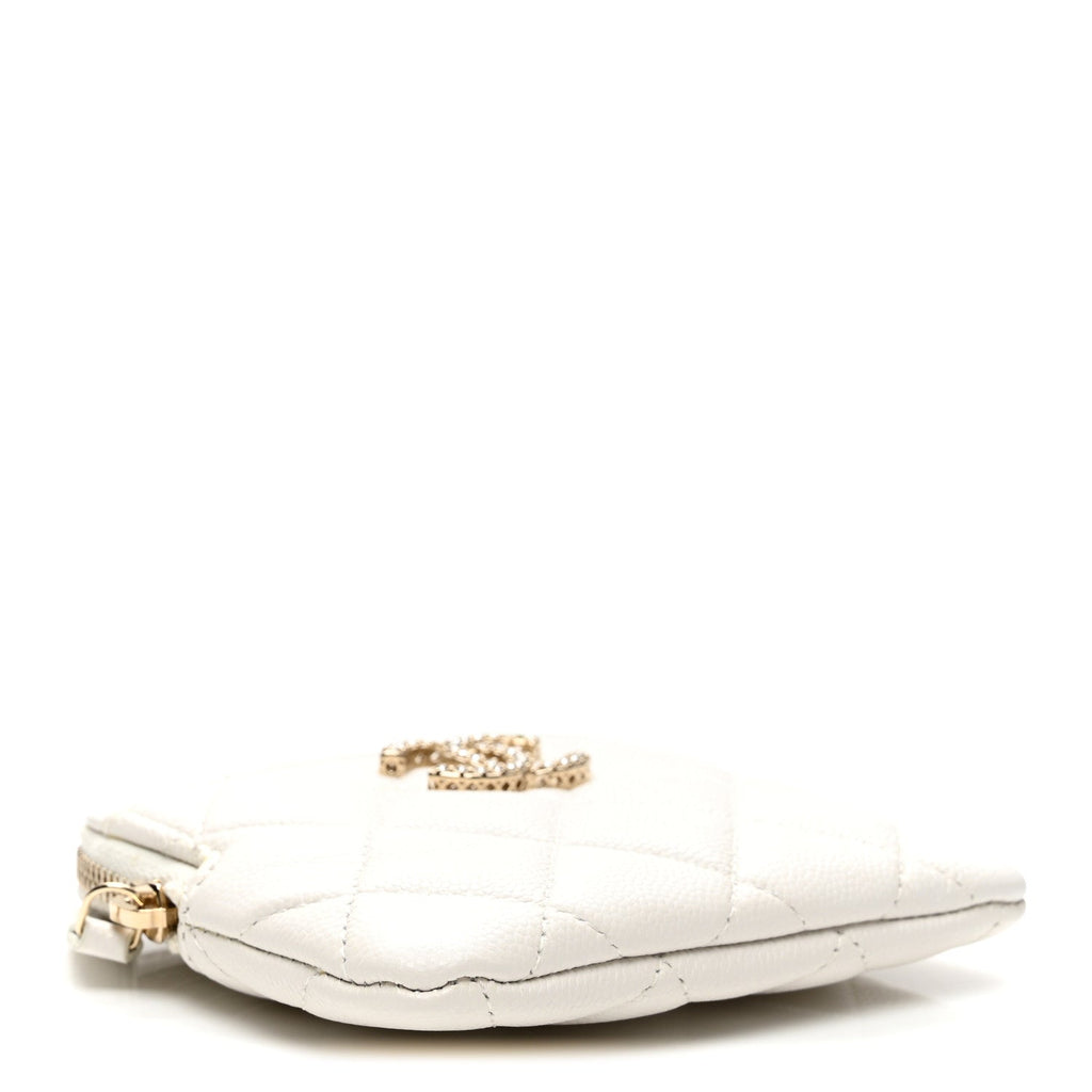Caviar Quilted Crystal Zip Card Holder Wallet White