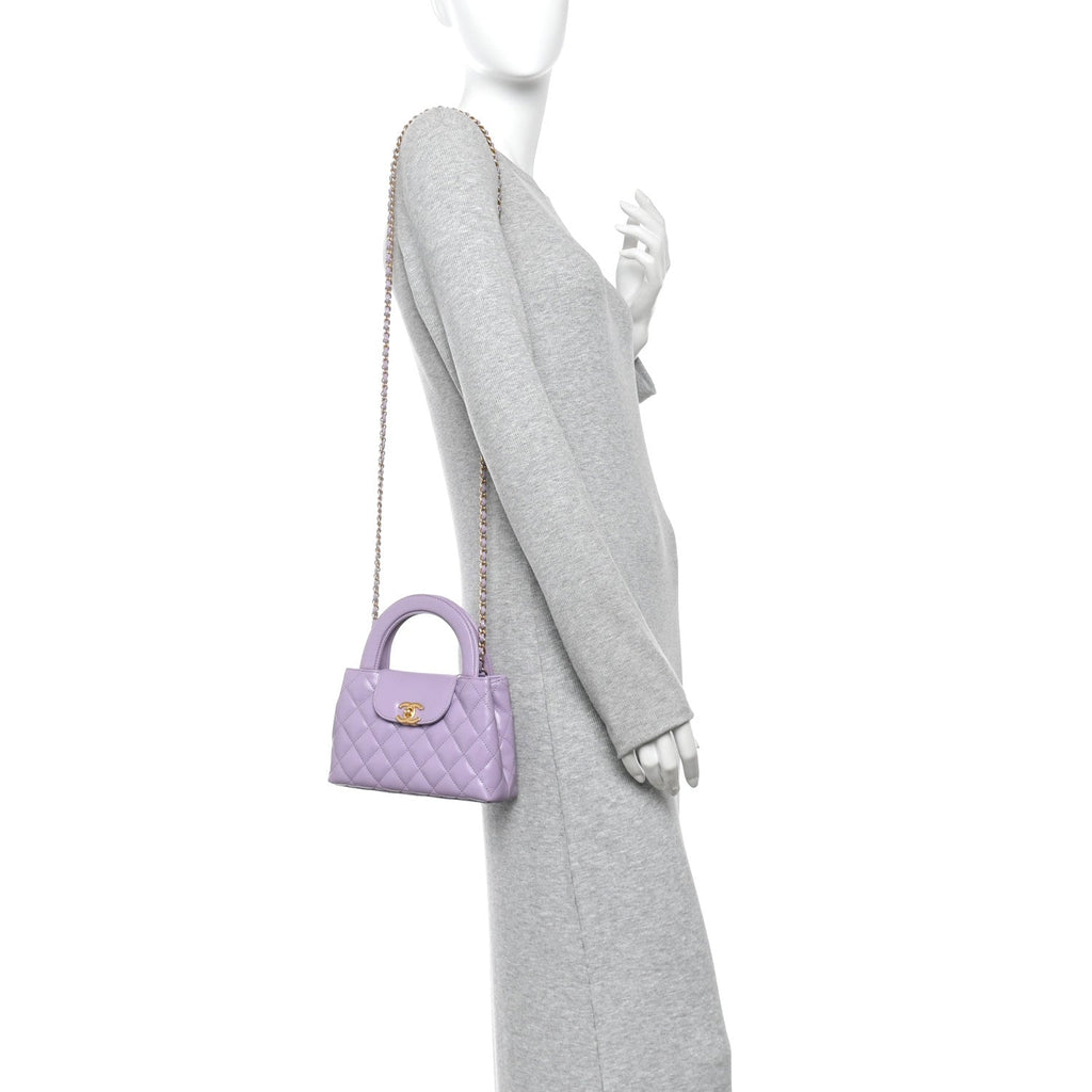 Shiny Aged Calfskin Quilted Nano Kelly Shopper Lilac