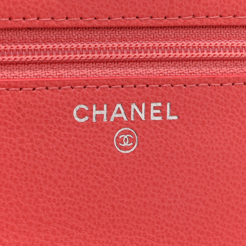 Grained Calfskin Quilted CC Box Wallet On Chain WOC Pink Pink