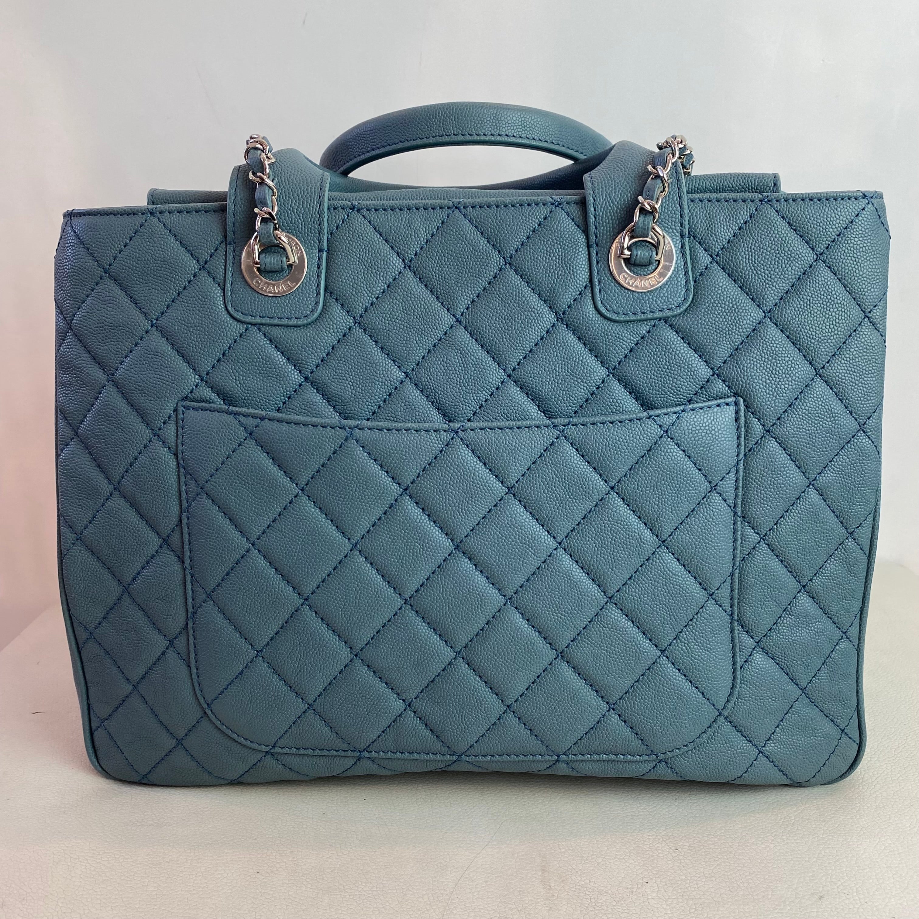 CHANEL Quilted Urban Companion Caviar Top Handle Tote Shoulder Bag Blue