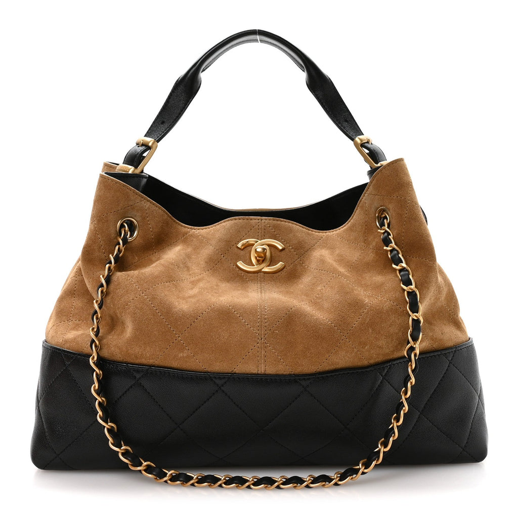 Suede Calfskin Shiny Lambskin Quilted Small Coco Base Shopping Bag Beige Black