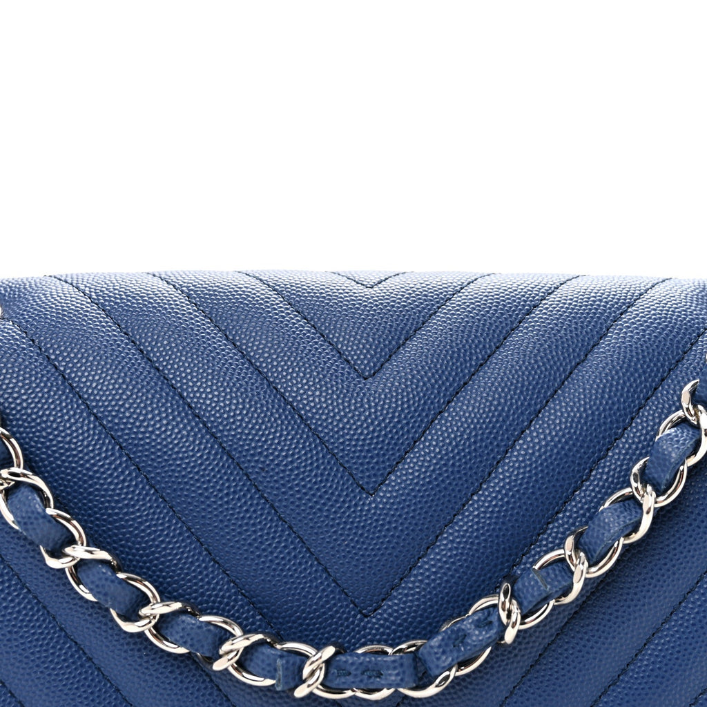 Caviar Chevron Quilted Medium Double Flap Blue