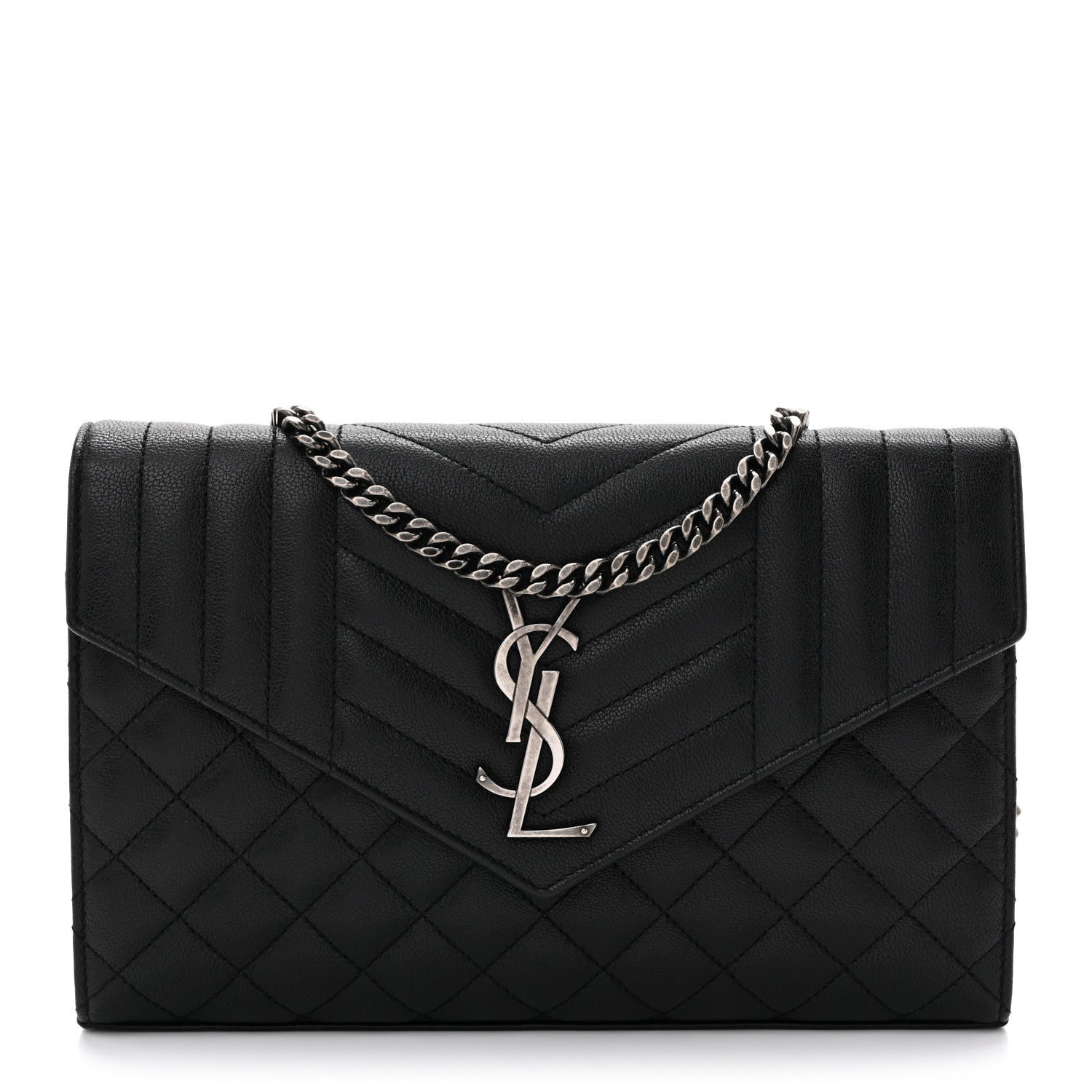 Sheepskin Tri-Quilt Monogram Envelope Chain Wallet Black