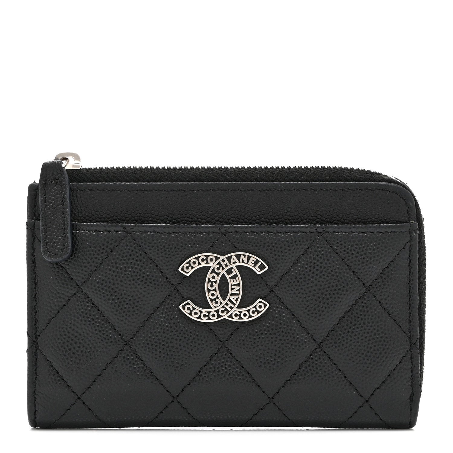 Caviar Quilted CC Logo Zip Around Card Holder Black