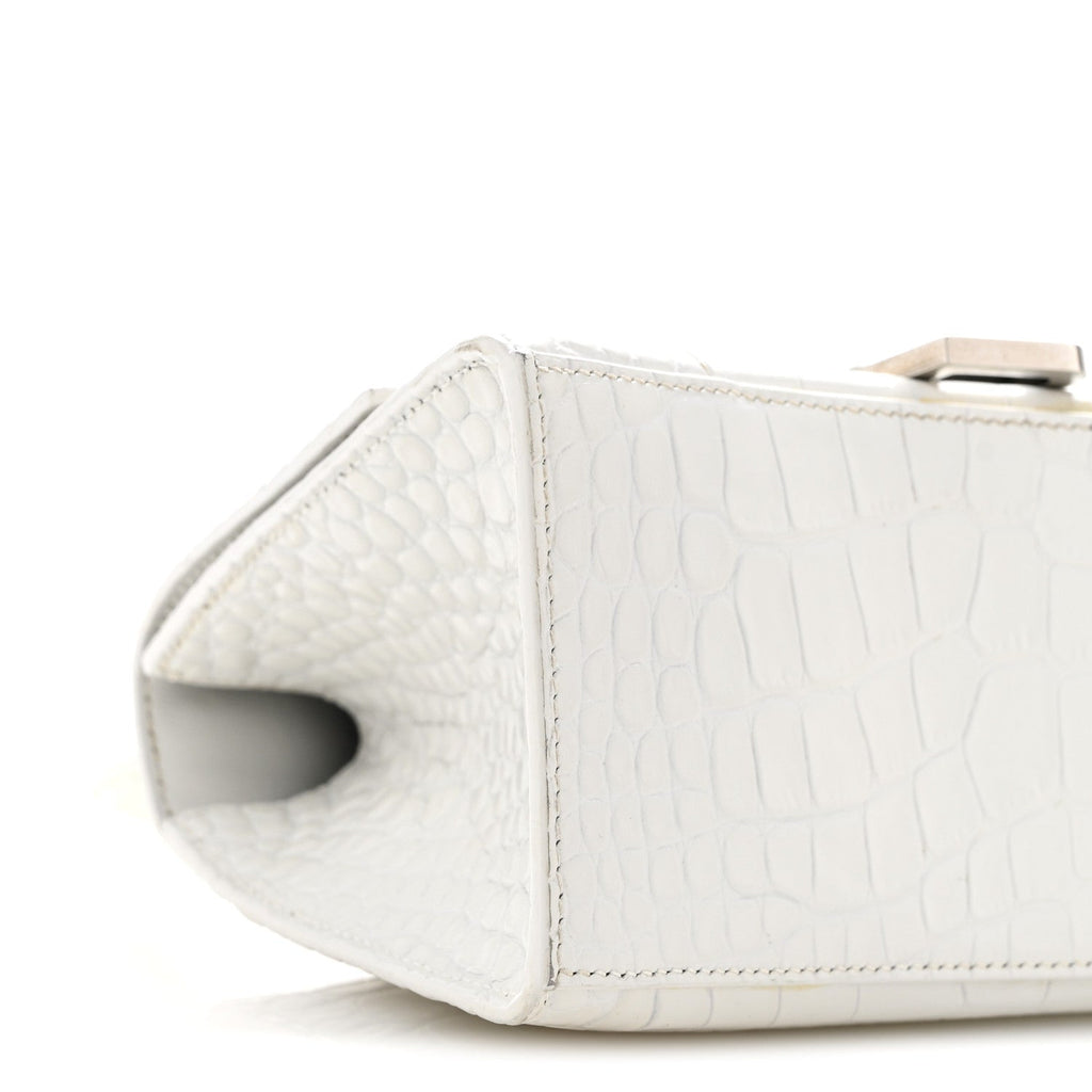 Calfskin Crocodile Embossed Small Hourglass Top Handle Bag White