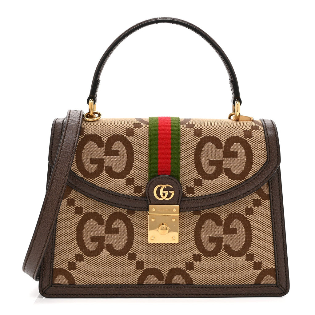 Monogram Jumbo GG Textured Dollar Calfskin Web Small Ophidia Padlock Top Handle Bag Camel Ebony New Acero