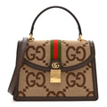 Monogram Jumbo GG Textured Dollar Calfskin Web Small Ophidia Padlock Top Handle Bag Camel Ebony New Acero