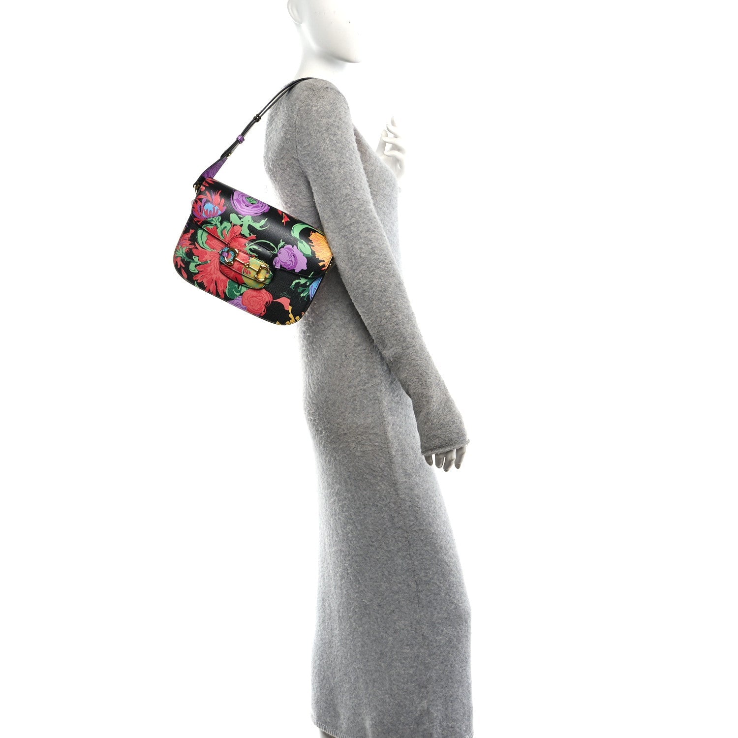 X KEN SCOTT New Shangai Calfskin Jenny Floral Print Horsebit 1955 Shoulder Bag Black Pink