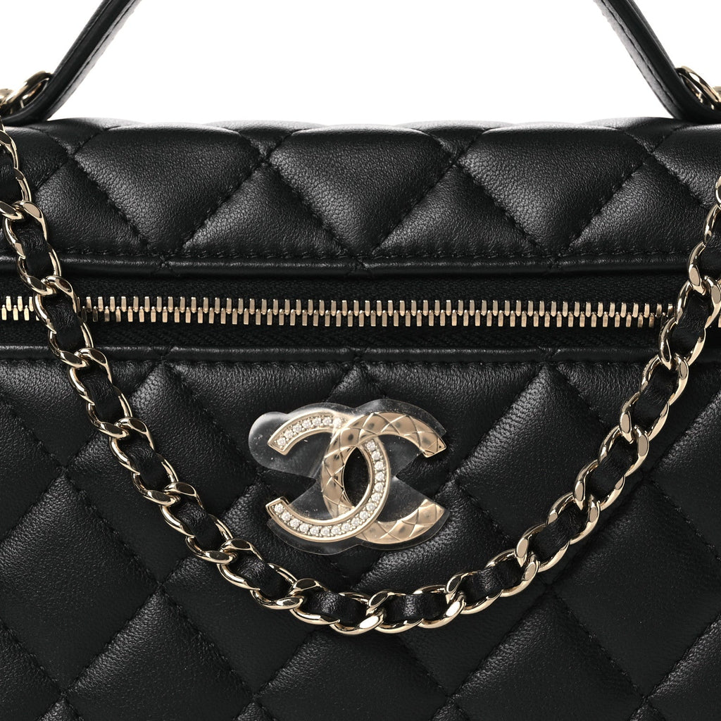 Lambskin Quilted Crystal CC Top Handle Slim Vanity Case With Chain Black