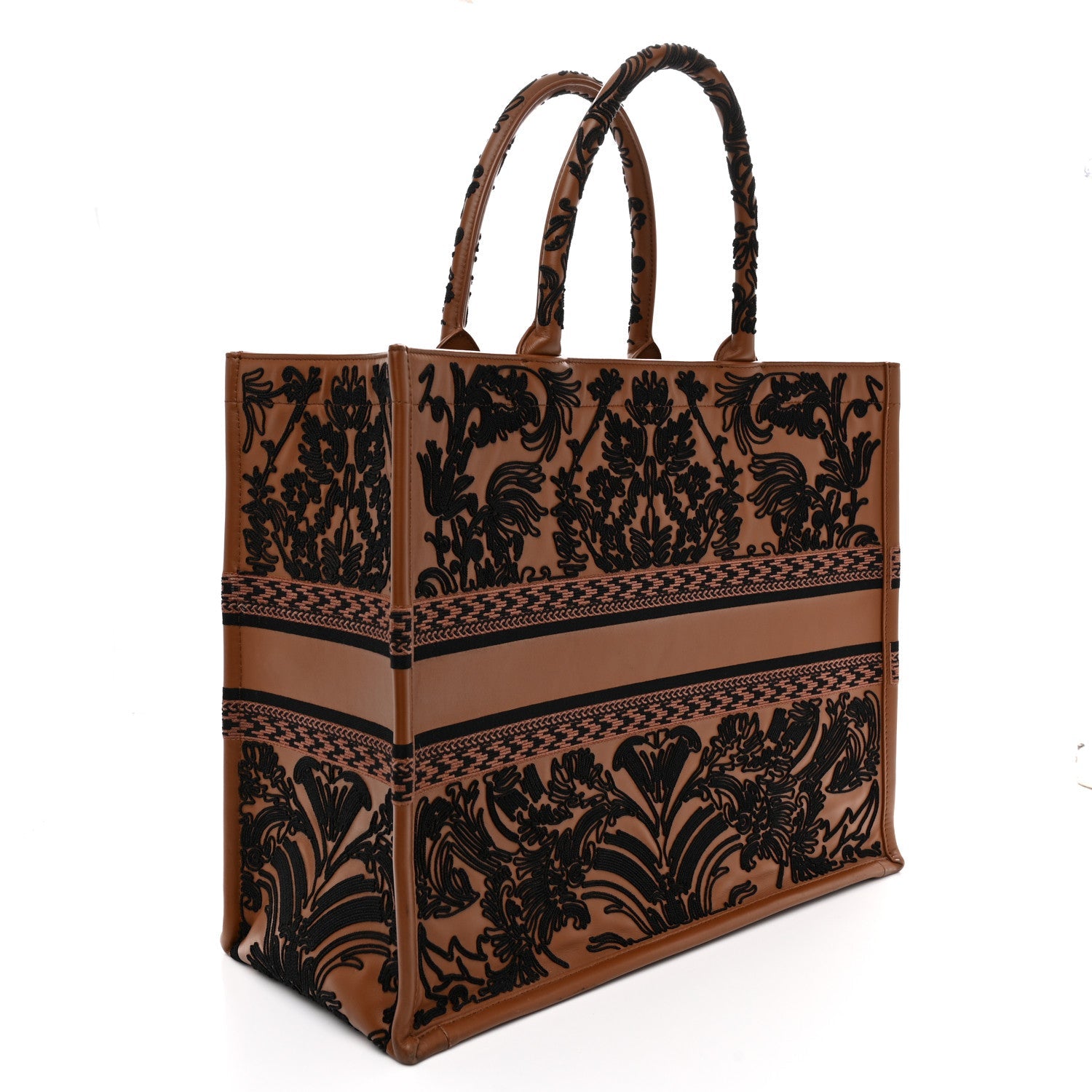 Calfskin Cornely-Effect Embroidery Large Book Tote Brown Black