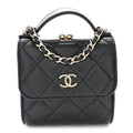 Lambskin Quilted Kiss Lock Top Handle Flap Clutch With Chain Black