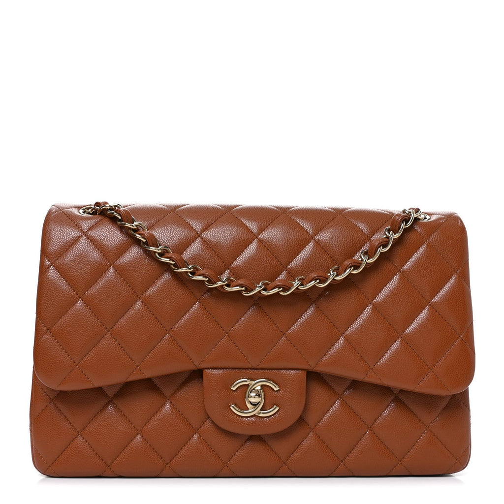 Caviar Quilted Jumbo Double Flap Light Brown