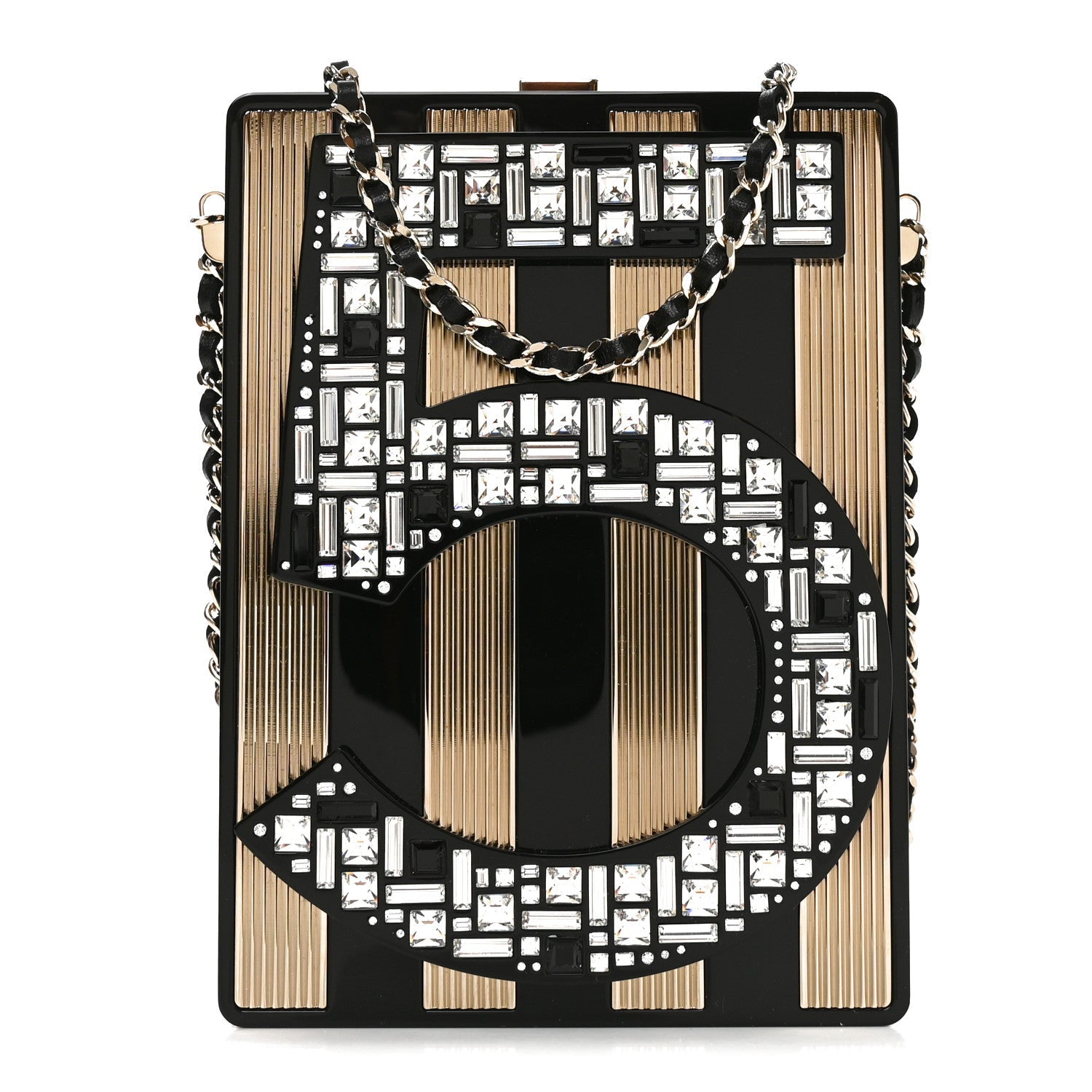 Plexiglass Strass Mosaic No 5 Minaudiere Clutch Black Gold
