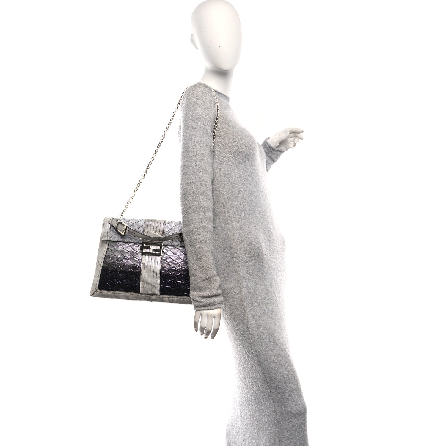Iridescent Eelskin Maxi Chain Baguette Bag Grey Multicolor