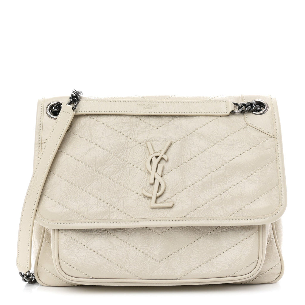 Crinkled Calfskin Matelasse Monogram Medium Niki Chain Satchel Crema Soft