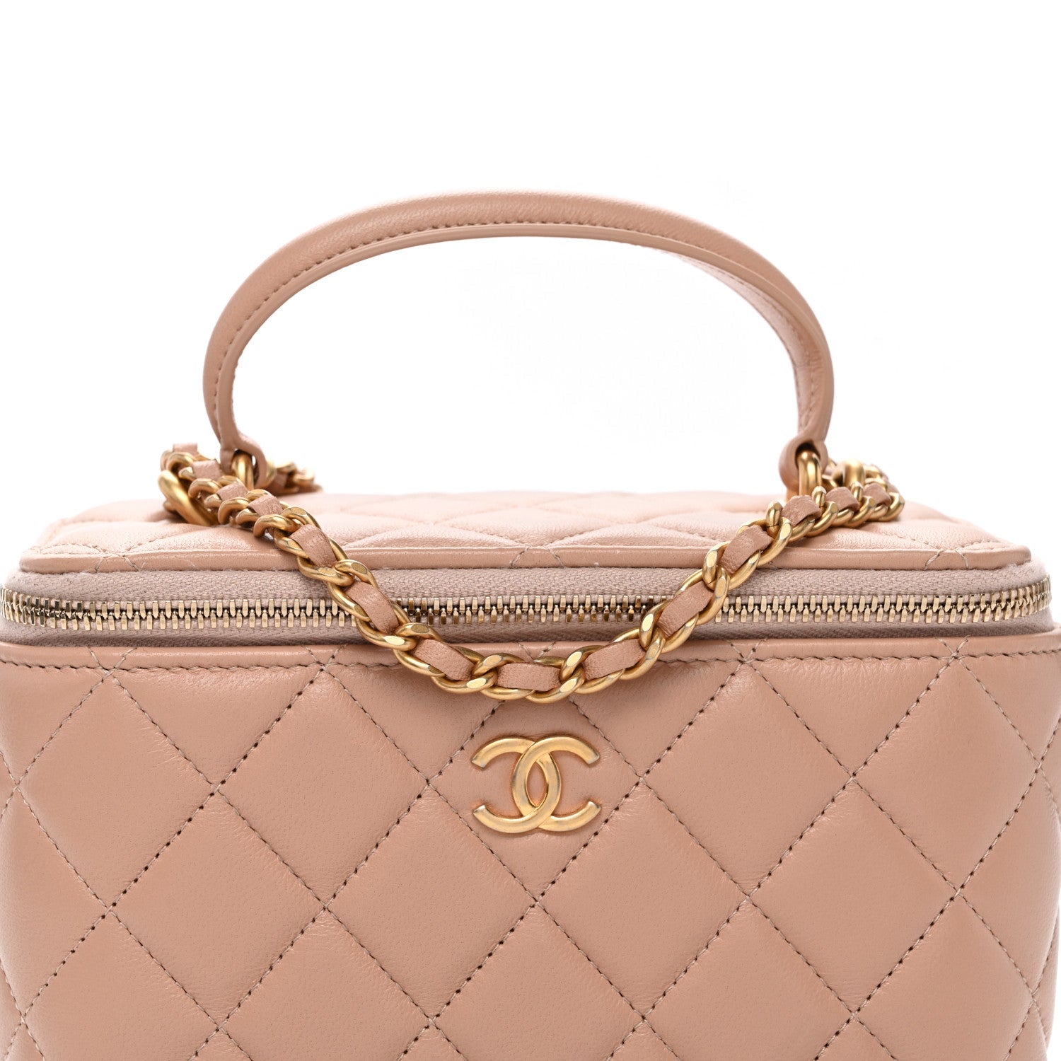 Lambskin Quilted Small Top Handle Vanity Case With Chain Beige
