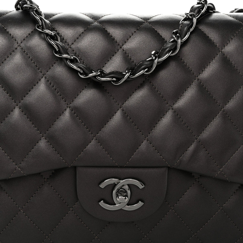 Lambskin Quilted Jumbo Single Flap  Dark Grey