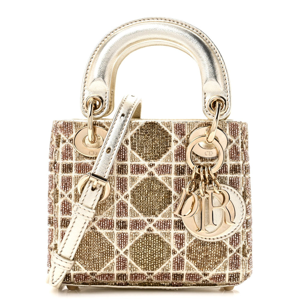 Metallic Lambskin Cannage Beaded Embroidered Micro Lady Dior Gold