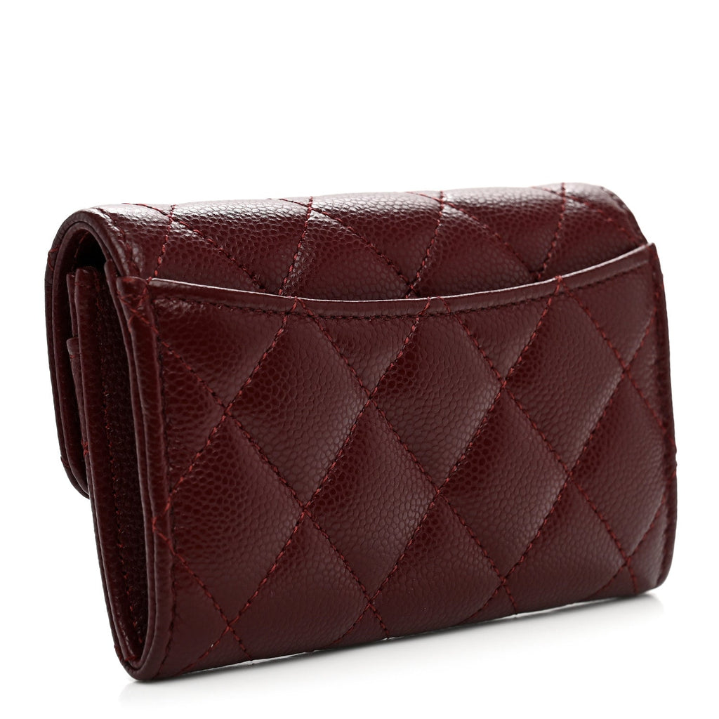 Caviar Quilted Flap Card Holder Wallet Burgundy