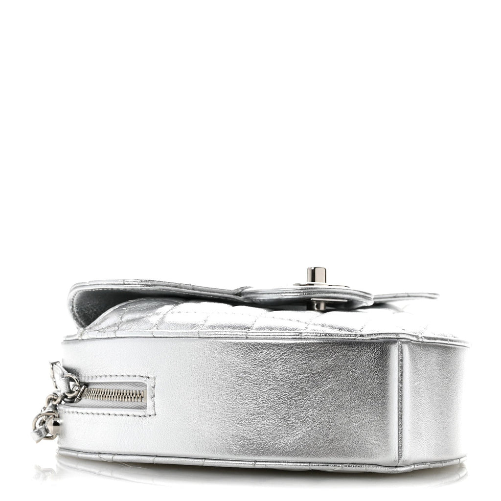 Metallic Lambskin Quilted Large CC In Love Heart Bag Silver