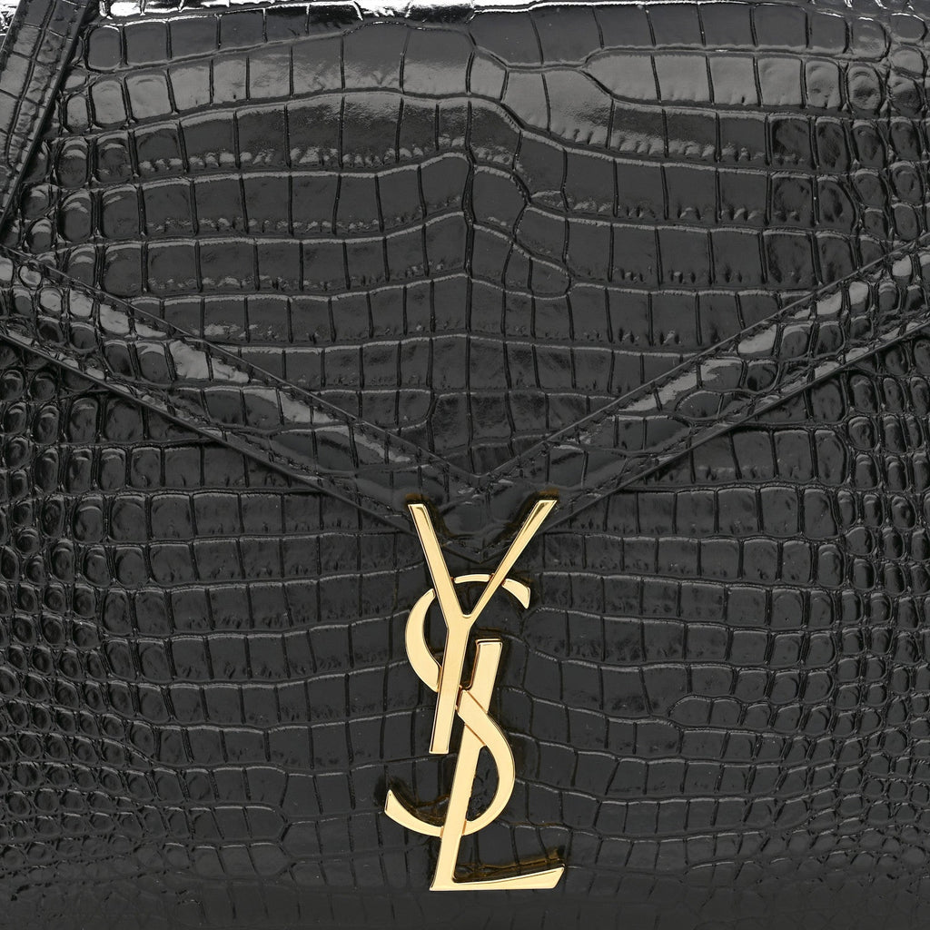 Calfskin Crocodile Embossed Medium Classic Monogram Cassandra Top Handle Black