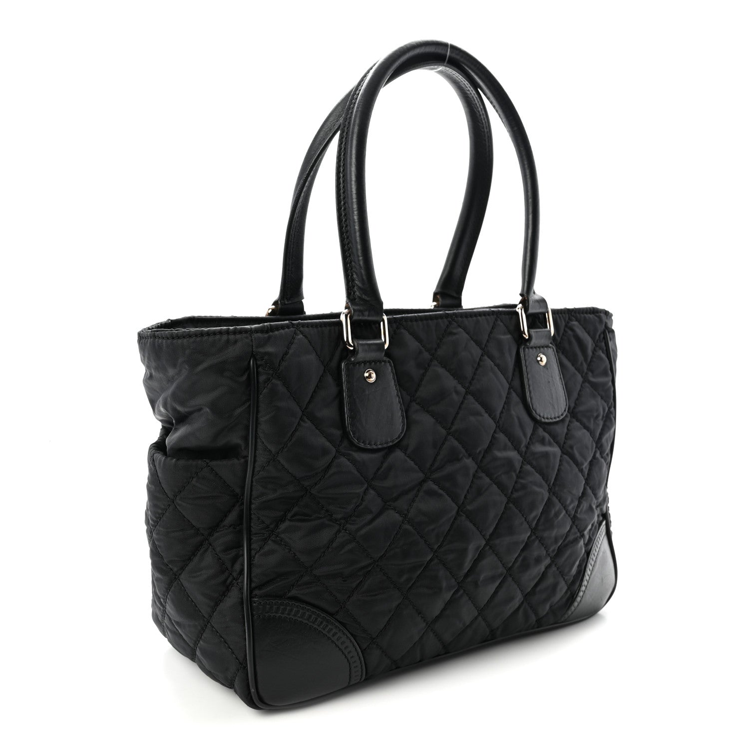 Nylon Calfskin Quilted CC Paris New York Tote Bag Black