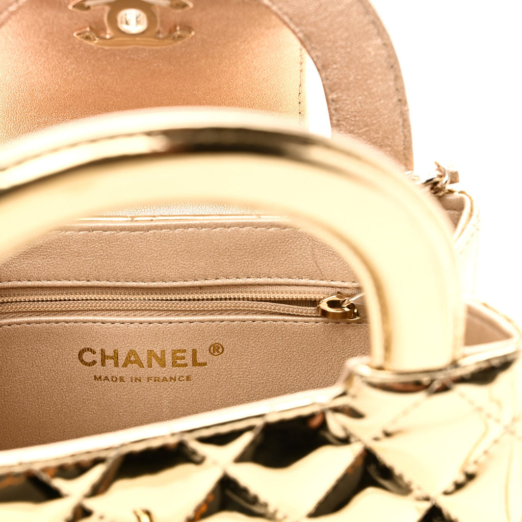 Mirror Calfskin Metallic Calfskin Quilted Nano Kelly Shopper Gold