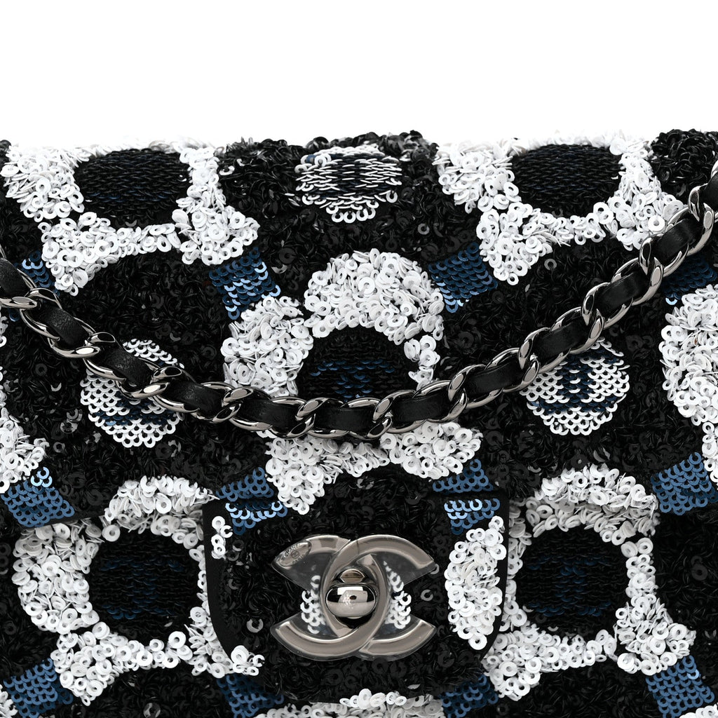 Satin Sequin Embellished Flower East West Flap Black White Blue
