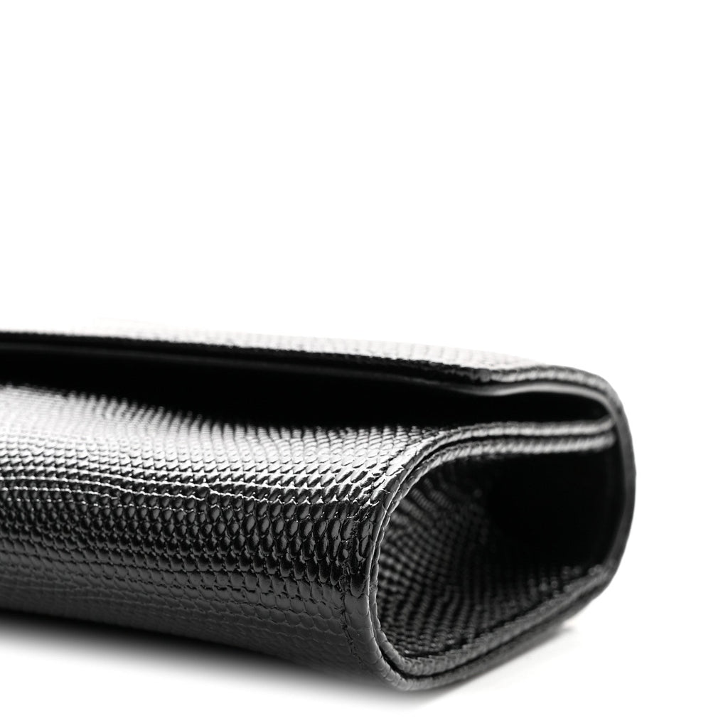 Calfskin Lizard Embossed Top Handle Clutch With Chain Black
