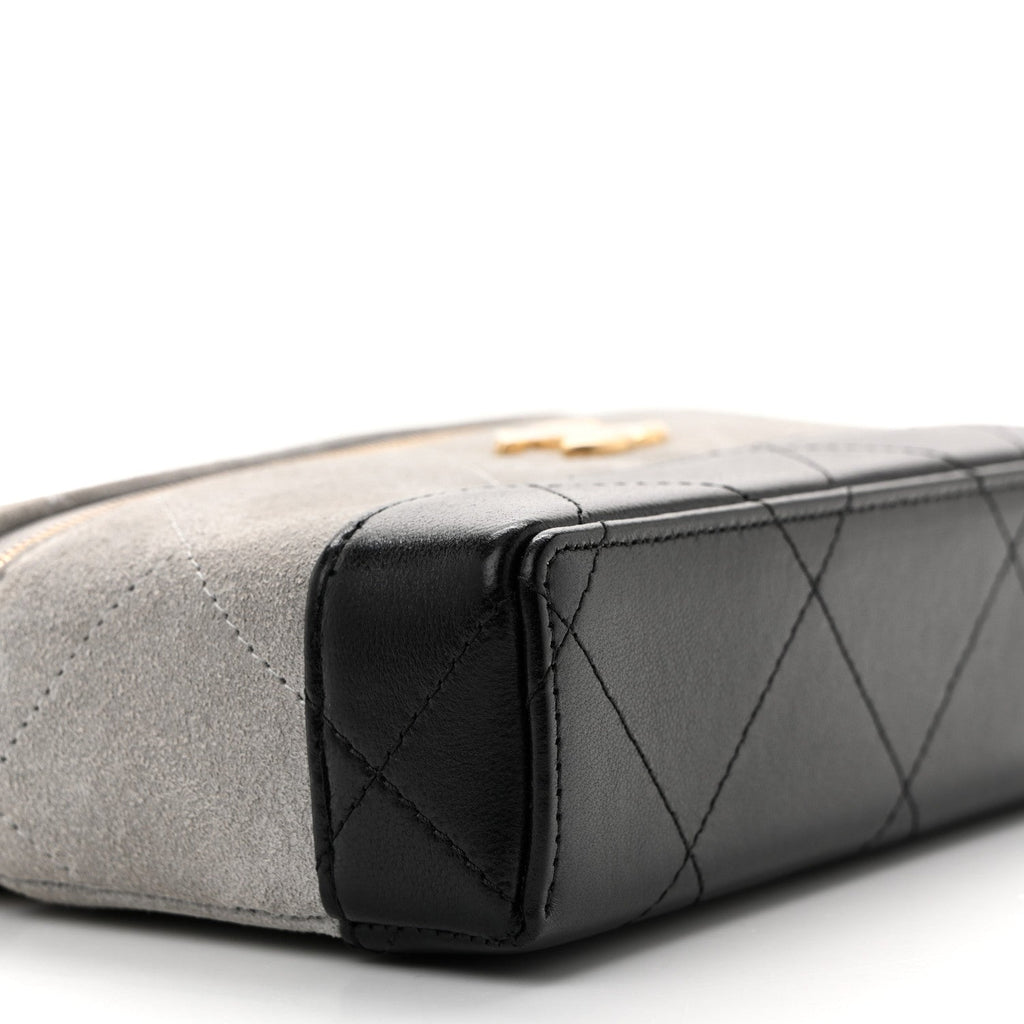 Suede Calfskin Shiny Lambskin Quilted Top Handle Slim Vanity Case With Chain Grey Black